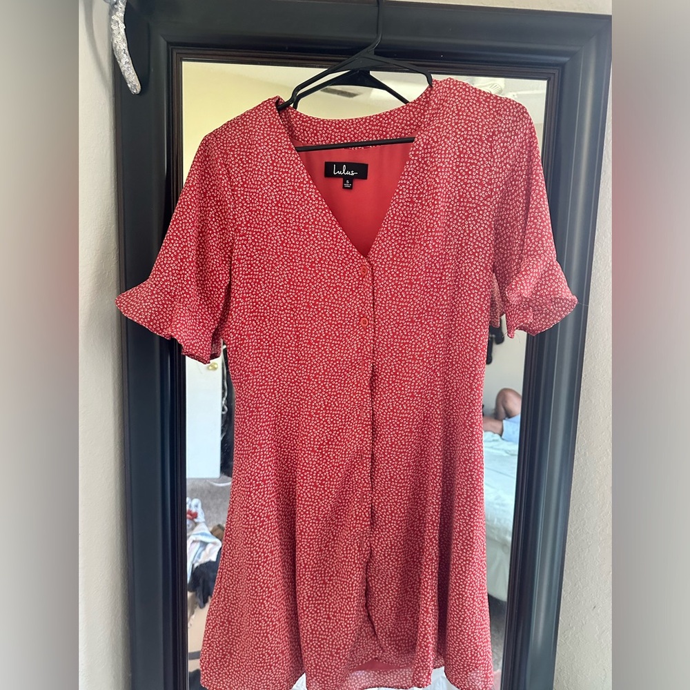 Lulus Size small Button down Mini Dress Red Short Sleeve Tie in back